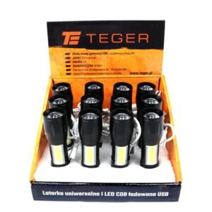 Latarka uniwersalna LED COB 200 lm ładowana USB sprzedawana po 12 szt w kartoniku ekspozycyjnym Teger [T-LED-0082]