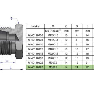 Korek hydrauliczny metryczny (na klucz) M36x2 28L Waryński ( sprzedawane po 2 ) [W-40110028]