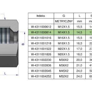 Nakrętka hydrauliczna metryczna (M08L) M14x1.5 08L Waryński ( sprzedawane po 20 ) [W-4311000814]