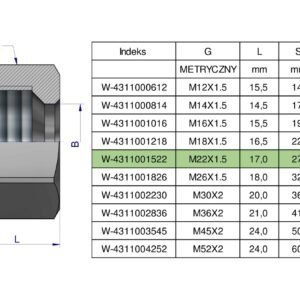 Nakrętka hydrauliczna metryczna (M15L) M22x1.5 15L Waryński ( sprzedawane po 20 ) [W-4311001522]