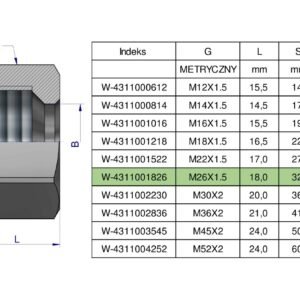 Nakrętka hydrauliczna metryczna (M18L) M26x1.5 18L Waryński ( sprzedawane po 10 ) [W-4311001826]