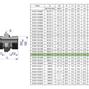Przyłączka hydrauliczna BB (XGE) M22x1.5 15L x 3/4" BSP ED Waryński ( sprzedawane po 5 ) [W-5011061512]