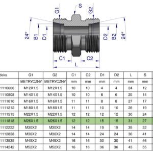 Złączka hydrauliczna metryczna BB M26x1.5 18L (XG) Waryński ( sprzedawane po 5 ) [W-5011111818]