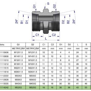 Złączka hydrauliczna metryczna BB M52x2 42L (XG) Waryński [W-5011114242]