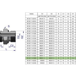 Przyłączka hydrauliczna metryczna BB (XGE) M26x1.5 18L x M26x1.5 ED Waryński ( sprzedawane po 2 ) [W-5011141826]