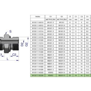 Przyłączka hydrauliczna metryczna BB (XGE) M30x2 22L x M26x1.5 ED Waryński ( sprzedawane po 2 ) [W-5011142226]