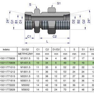 Złączka hydrauliczna metryczna grodziowa BB M14x1.5 08L z przeciwnakrętką (XSV) Waryński ( sprzedawane po 2 ) [W-5011770808]