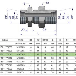 Złączka hydrauliczna metryczna grodziowa BB M16x1.5 10L z przeciwnakrętką (XSV) Waryński ( sprzedawane po 2 ) [W-5011771010]