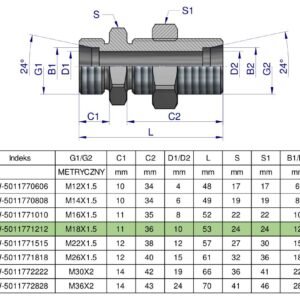 Złączka hydrauliczna metryczna grodziowa BB M18x1.5 12L z przeciwnakrętką (XSV) Waryński ( sprzedawane po 2 ) [W-5011771212]