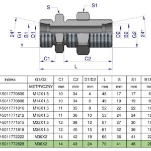 Złączka hydrauliczna metryczna grodziowa BB M36x2 28L z przeciwnakrętką (XSV) Waryński [W-5011772828]