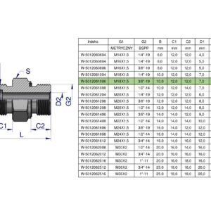 Przyłączka hydrauliczna (odmiana ciężka XGE) BB M18x1.5 10S x 3/8" BSP ED Waryński ( sprzedawane po 5 ) [W-5012061006]