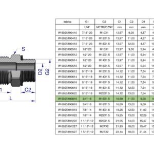 Przyłączka hydrauliczna BB 3/4"UNF (JIC) x M16x1.5 (XGE) Waryński ( sprzedawane po 2 ) [W-5025190816]