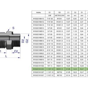 Przyłączka hydrauliczna BB 1 1/16"UNF (JIC) x M22x1.5 (XGE) Waryński ( sprzedawane po 2 ) [W-5025191222]