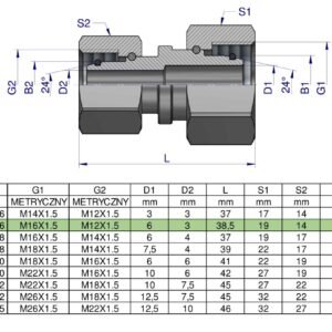 Złączka hydrauliczna metryczna AA M16x1.5 10L x M12x1.5 06L Waryński ( sprzedawane po 2 ) [W-5115151006]