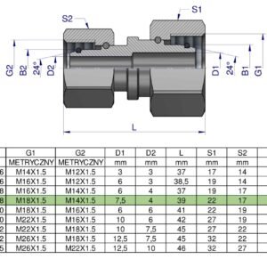 Złączka hydrauliczna metryczna AA M18x1.5 12L x M14x1.5 08L Waryński ( sprzedawane po 2 ) [W-5115151208]