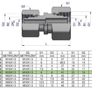 Złączka hydrauliczna metryczna AA M18x1.5 12L x M16x1.5 10L Waryński ( sprzedawane po 5 ) [W-5115151210]