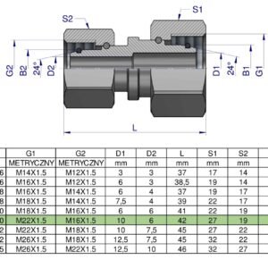 Złączka hydrauliczna metryczna AA M22x1.5 15L x M16x1.5 10L Waryński ( sprzedawane po 5 ) [W-5115151510]
