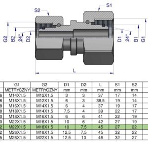 Złączka hydrauliczna metryczna AA M22x1.5 15L x M18x1.5 12L Waryński ( sprzedawane po 5 ) [W-5115151512]