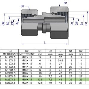 Złączka hydrauliczna metryczna AA M26x1.5 18L x M18x1.5 12L Waryński [W-5115151812]