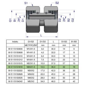 Złączka hydrauliczna metryczna AA M26x1.5 18L Waryński [W-5115151818]