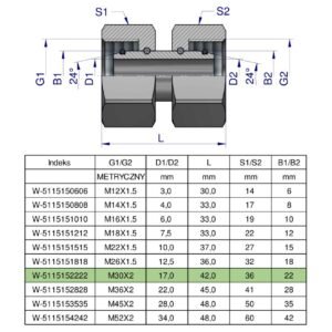 Złączka hydrauliczna metryczna AA M30x2 22L Waryński [W-5115152222]