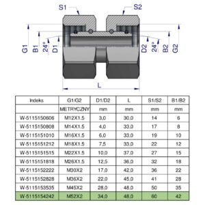 Złączka hydrauliczna metryczna AA M52x2 42L Waryński [W-5115154242]