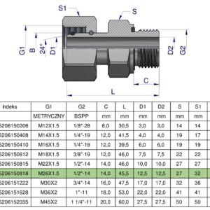 Przyłączka hydrauliczna AB (EVGE) M26x1.5 18L x 1/2" BSP ED Waryński [W-5206150818]
