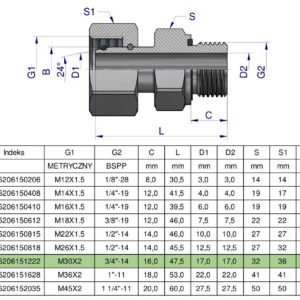 Przyłączka hydrauliczna AB (EVGE) M30x2 22L x 3/4" BSP ED Waryński [W-5206151222]