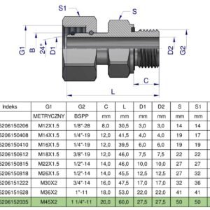 Przyłączka hydrauliczna AB (EVGE) M45x2 35L x 1 1/4" BSP ED Waryński [W-5206152035]
