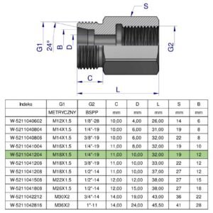 Tulejka różnicowa hydrauliczna AB M18x1.5 12L GZ x 1/4" BSP Waryński ( sprzedawane po 2 ) [W-5211041204]