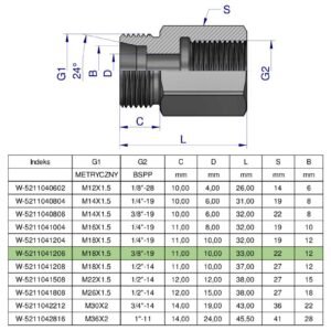 Tulejka różnicowa hydrauliczna AB M18x1.5 12L GZ x 3/8" BSP Waryński ( sprzedawane po 2 ) [W-5211041206]