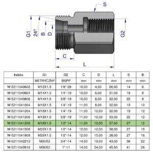 Tulejka różnicowa hydrauliczna AB M18x1.5 12L GZ x 1/2" BSP Waryński ( sprzedawane po 2 ) [W-5211041208]