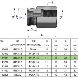 Tulejka różnicowa hydrauliczna metryczna AB M16x1.5 10L GZ x M14x1.5 GW Waryński ( sprzedawane po 2 ) [W-5211141014]