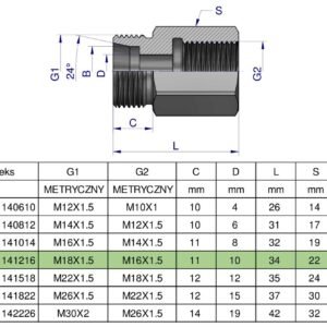 Tulejka różnicowa hydrauliczna metryczna AB M18x1.5 12L GZ x M16x1.5 GW Waryński ( sprzedawane po 2 ) [W-5211141216]
