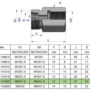 Tulejka różnicowa hydrauliczna metryczna AB M26x1.5 18L GZ x M22x1.5 GW Waryński [W-5211141822]