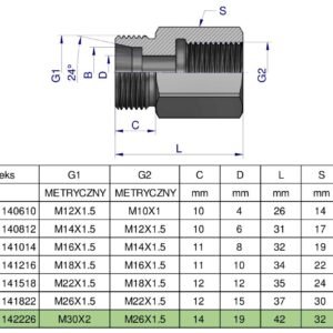 Tulejka różnicowa hydrauliczna metryczna AB 30x2 22L GZ x M26x1.5 GW Waryński [W-5211142226]
