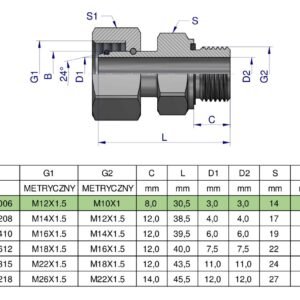 Przyłączka hydrauliczna metryczna AB (EVGE) M12x1.5 06L x M10x1 ED Waryński ( sprzedawane po 2 ) [W-5214151006]