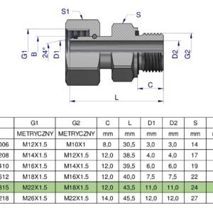 Przyłączka hydrauliczna metryczna AB (EVGE) M22x1.5 15L x M18x1.5 ED Waryński ( sprzedawane po 2 ) [W-5214151815]