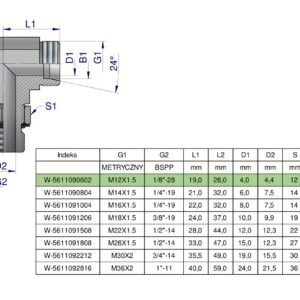 Kolanko hydrauliczne nastawne BB M12x1.5 06L x 1/8" BSP z regulacją Waryński [W-5611090602]