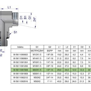 Kolanko hydrauliczne nastawne BB M22x1.5 15L x 1/2"BSP z regulacją Waryński ( sprzedawane po 2 ) [W-5611091508]