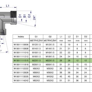 Kolanko hydrauliczne metryczne BB M22x1.5 15L (XW) Waryński ( sprzedawane po 5 ) [W-5611111515]