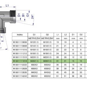 Kolanko hydrauliczne metryczne BB M26x1.5 18L (XW) Waryński [W-5611111818]