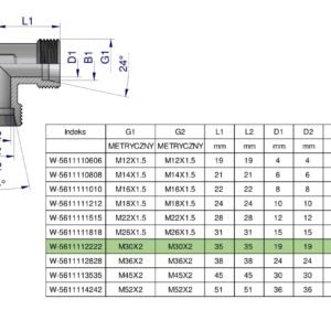 Kolanko hydrauliczne metryczne BB M30x2 22L (XW) Waryński [W-5611112222]