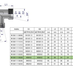 Kolanko hydrauliczne metryczne BB M36x2 28L (XW) Waryński [W-5611112828]