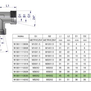 Kolanko hydrauliczne metryczne BB M45x2 35L (XW) Waryński [W-5611113535]