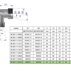 Kolanko hydrauliczne metryczne BB M52x2 42L (XW) Waryński [W-5611114242]