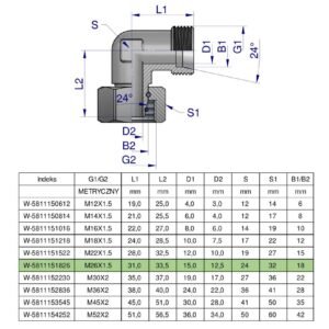 Kolanko hydrauliczne metryczne AB M26x1.5 18L (XEVW) Waryński [W-5811151826]