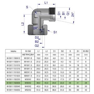 Kolanko hydrauliczne metryczne AB M36x2 28L (XEVW) Waryński [W-5811152836]