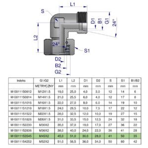 Kolanko hydrauliczne metryczne AB M45x2 35L (XEVW) Waryński [W-5811153545]
