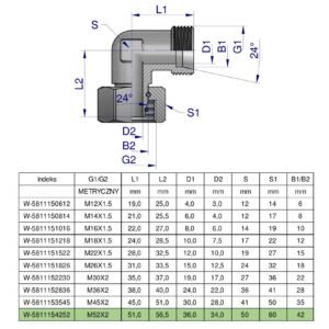 Kolanko hydrauliczne metryczne AB M52x2 42L (XEVW) Waryński [W-5811154252]